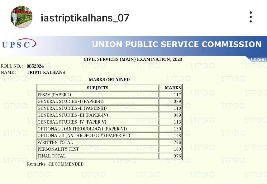 UPSC TOPPER TRIPTI KALHANS 2023: तृप्ति कलश की UPSC की मार्कशीट